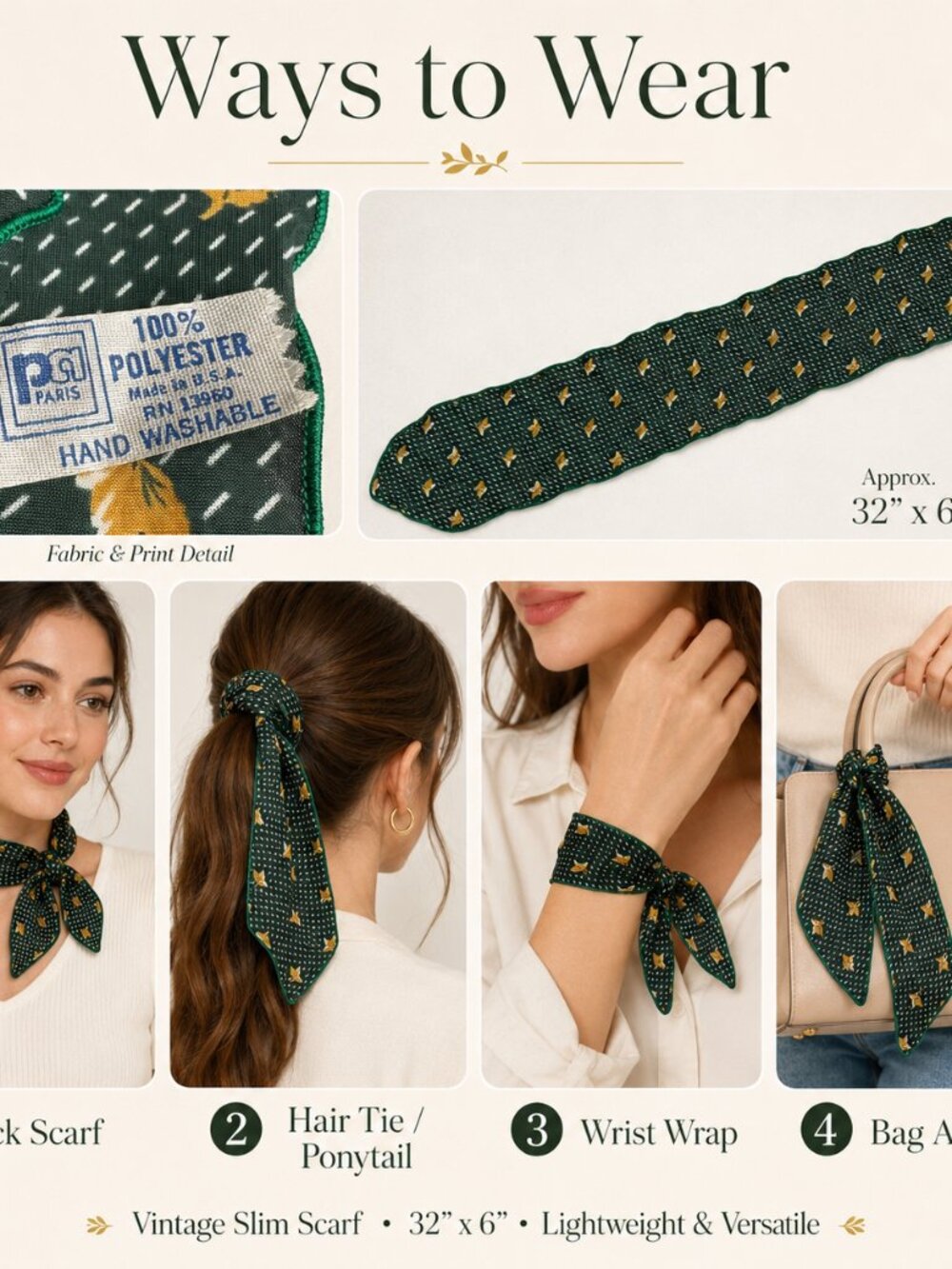 Vintage Women's Neck Scarf Head Wrap Green with Fall Leaf Design 32" x 6"